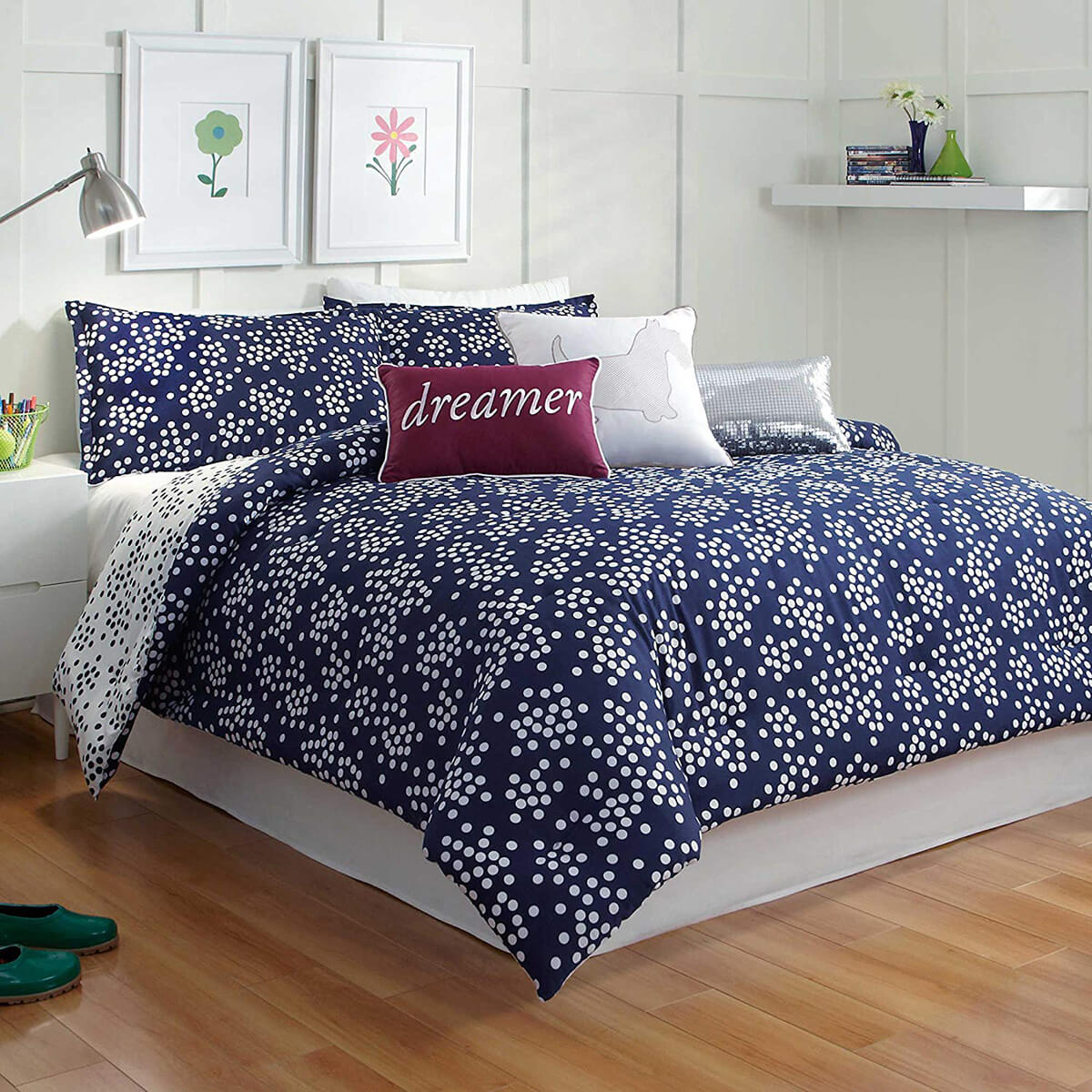 Preppy Navy Blue Bedroom and White Reversible Bedding