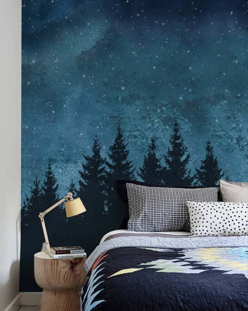 Starry Sky and Forest Treeline Bedroom Mural