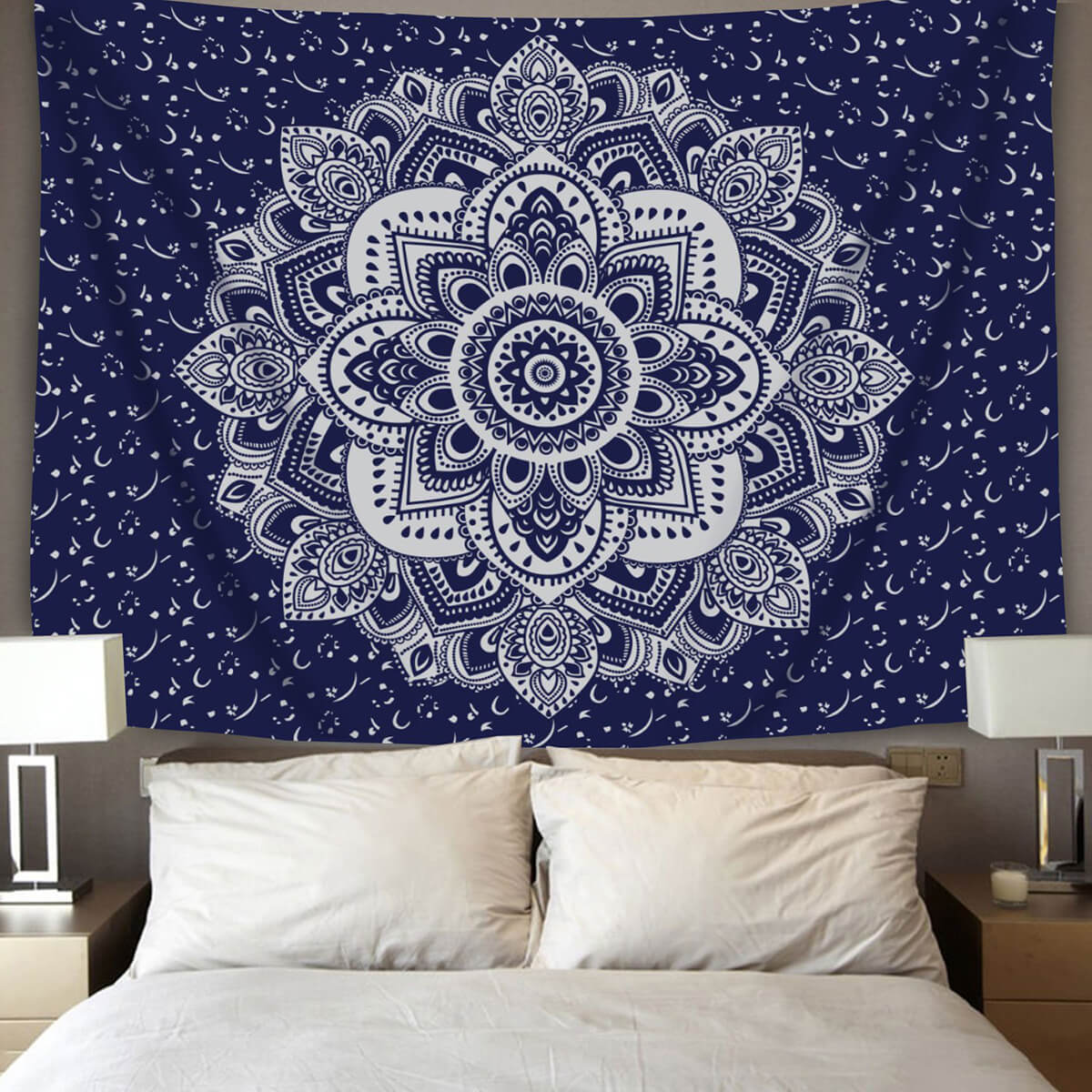 Navy Blue Mandala Print Wall Tapestry