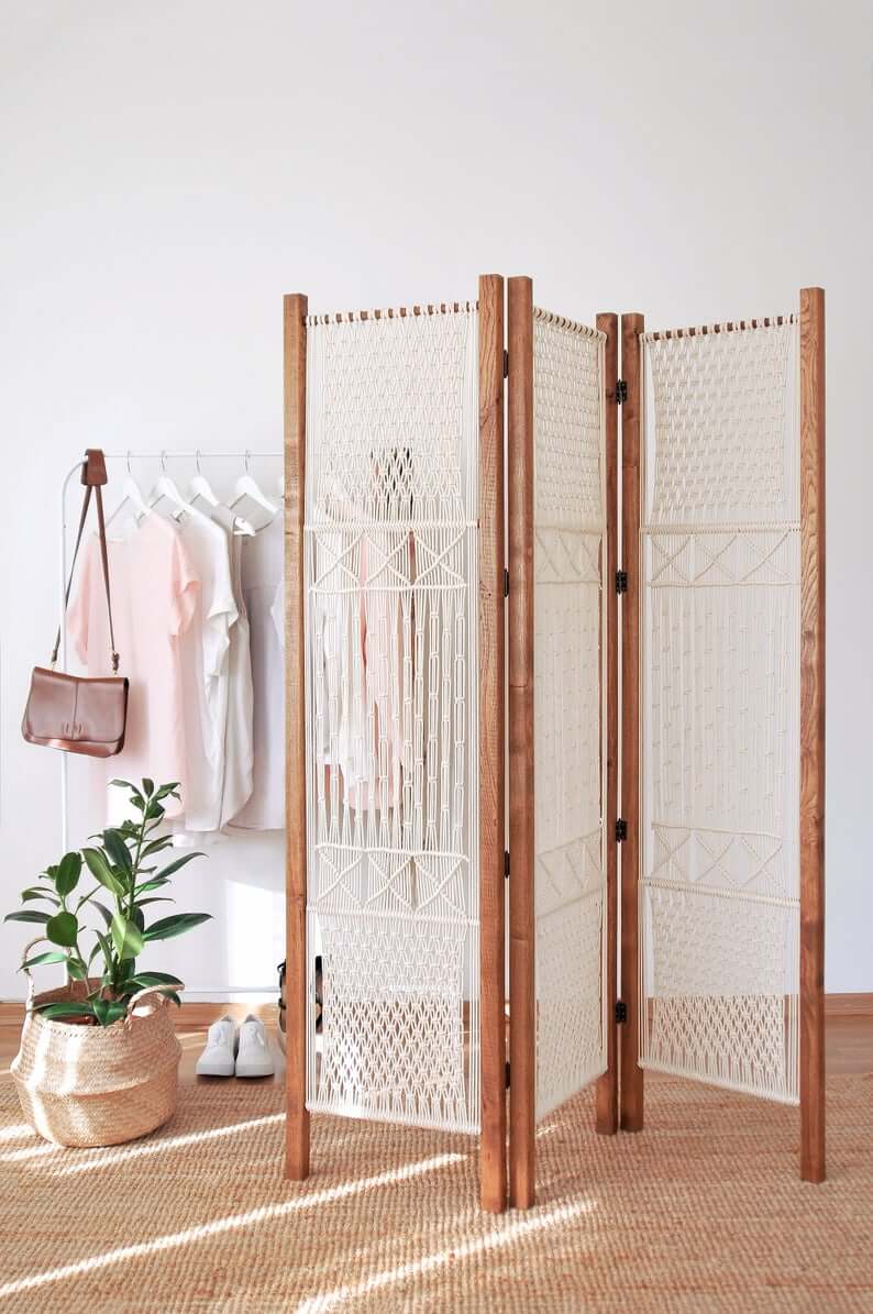 Folding Screen: Simply Chic Macrame 3-Panel Room Divider for Dining Room or Living Room, Folding Screen