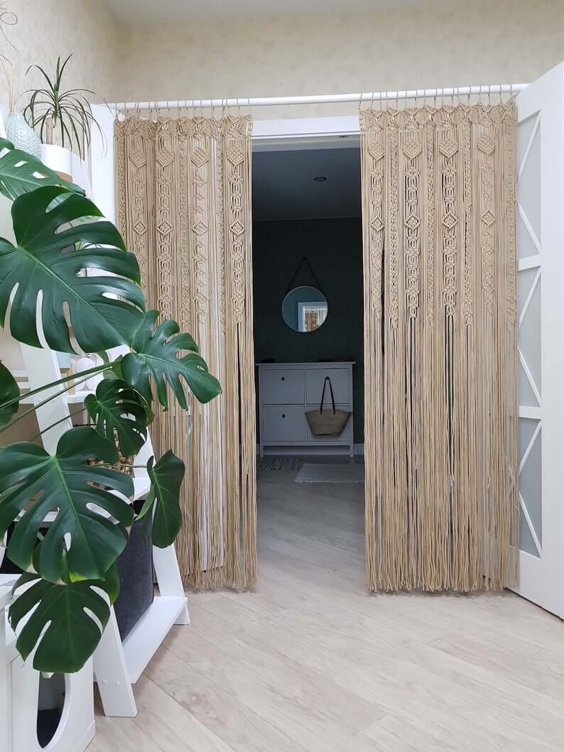 Macrame Curtains on Hanging Rod, Folding Screen, Window Room Divider