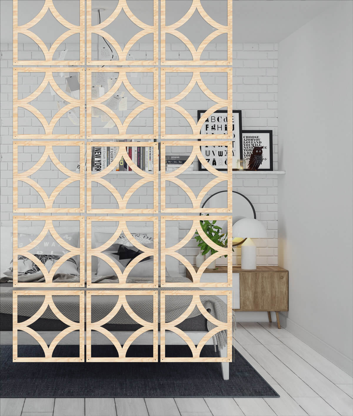 Geometric Decorative Wood Hanging Divider Screen for Living Room, folding screen