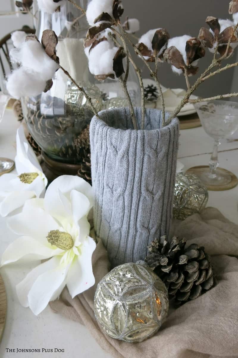 Sweater Wrapped Vase with Rustic Cotton Stems