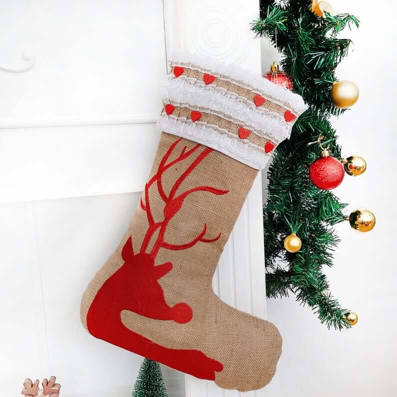 Personalized Burlap Reindeer Stocking with Embroidery