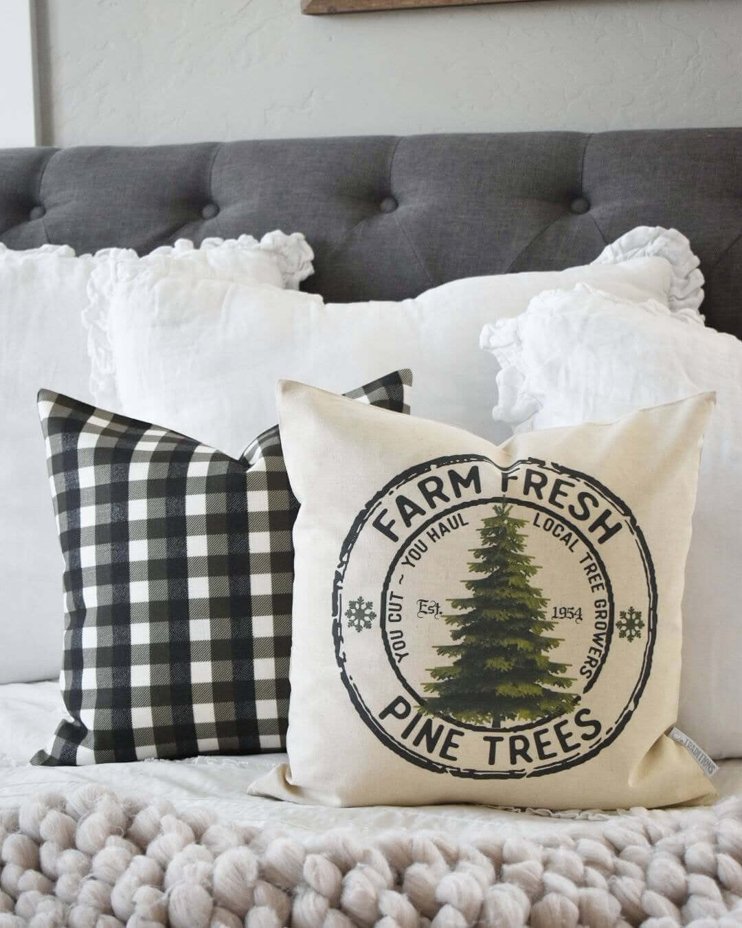 Rustic Farm Fresh Trees and Checkered Black and White Pillow Pair