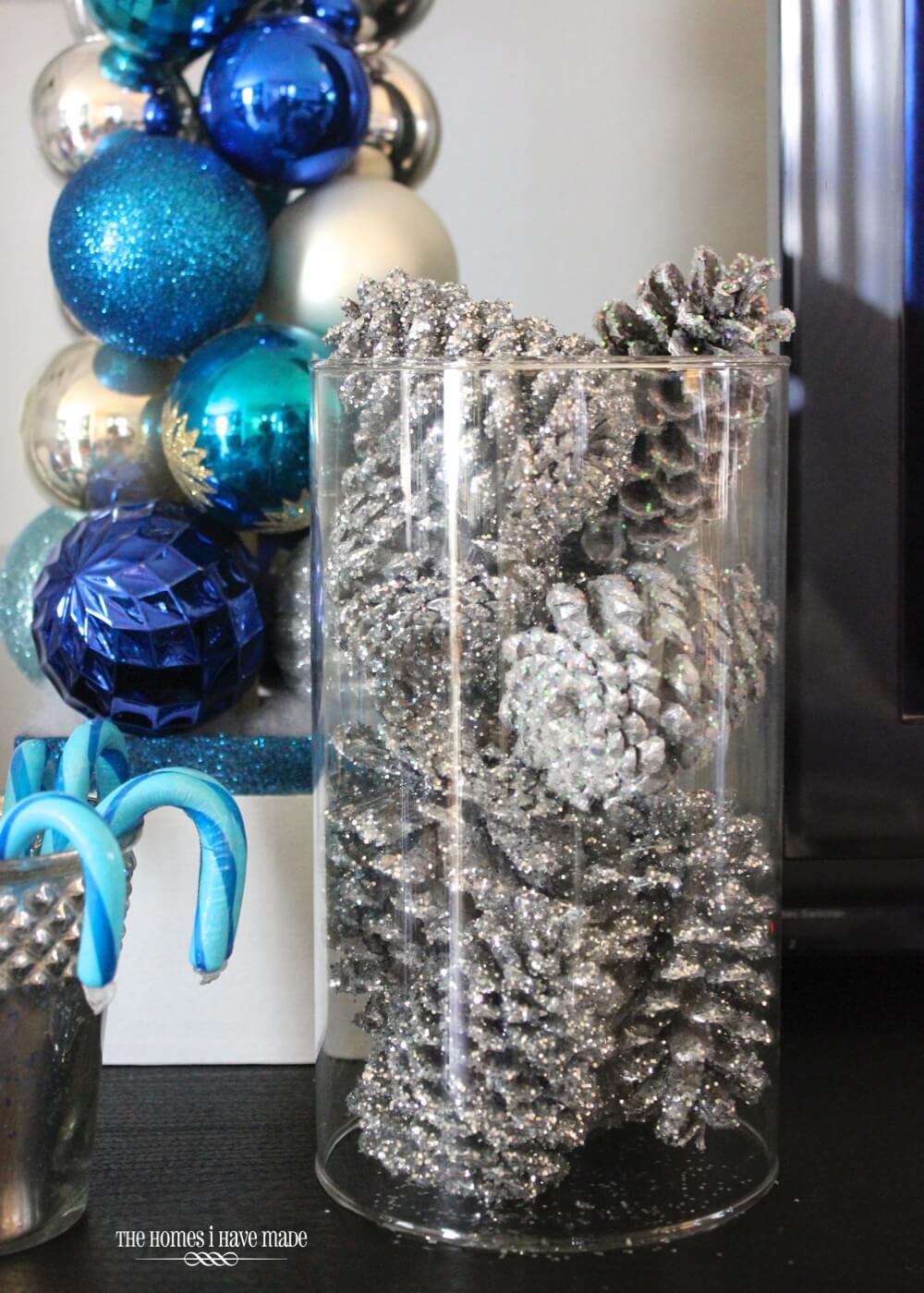 Silver-Dusted Pine Cones in Clear Display Jar