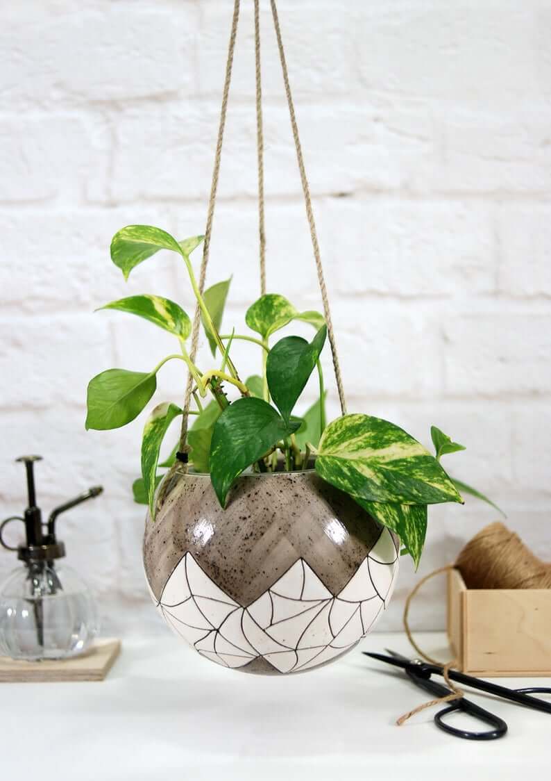 Suspended Hanging Shiny White and Tan Crackled Plant Bowl