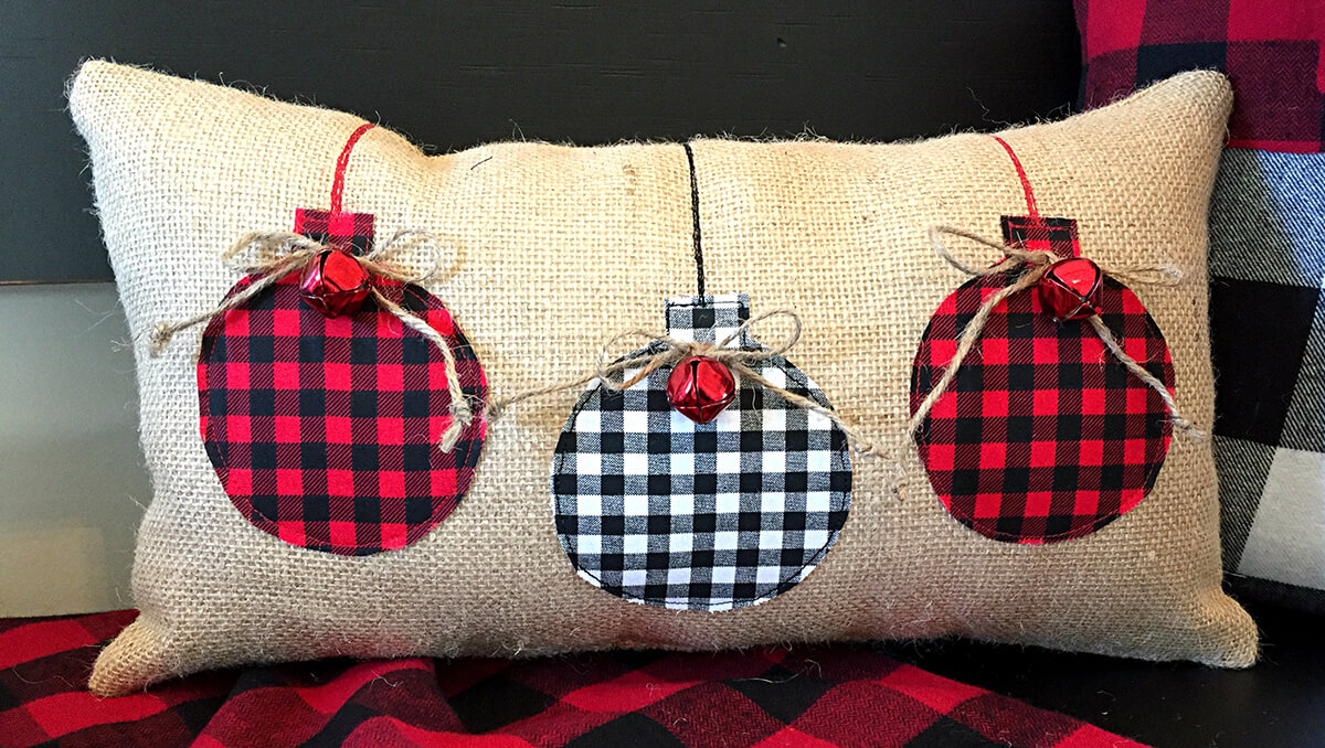 Burlap Embellished Plaid and Bells Round Ornament Pillow