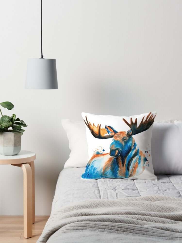 Artsy Blue Moose Throw Pillow