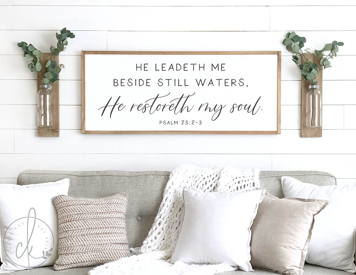 Psalm 23:2-3 Black and White Bible Verse Wall Art