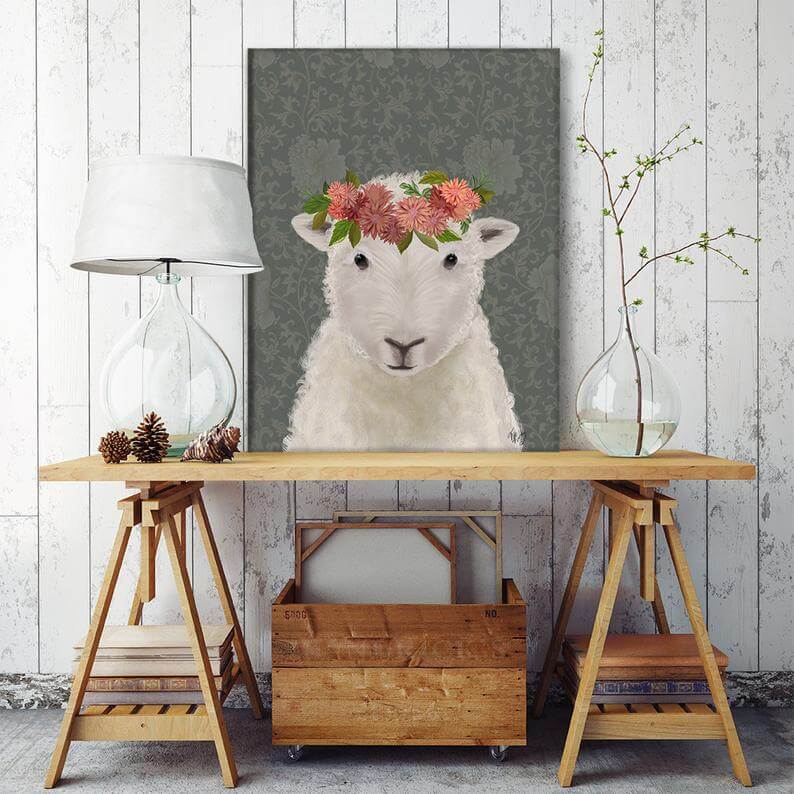 Lamb with Floral Halo Farmhouse Wall Art Print