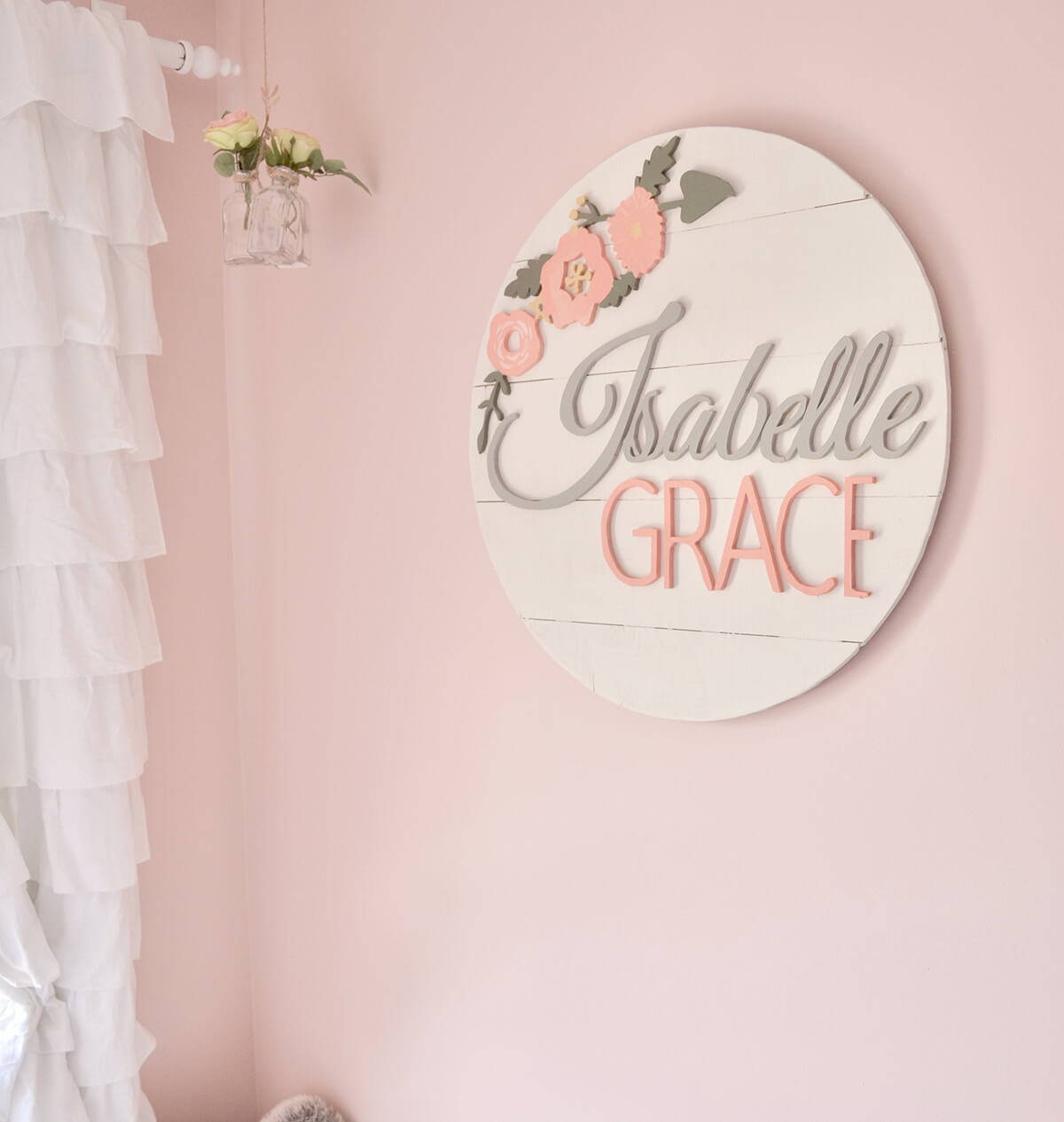 Round White Shiplap Floral Nursery Sign