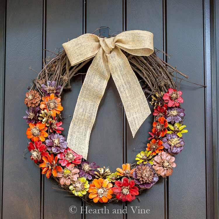 Wreath with Hand-Painted Pinecone Flowers