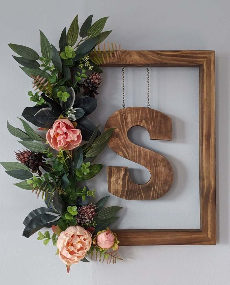 Framed Floral Wreath with Hanging Initial