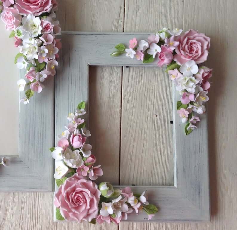 Wooden Frame with Polymer Clay Flower Embellishments