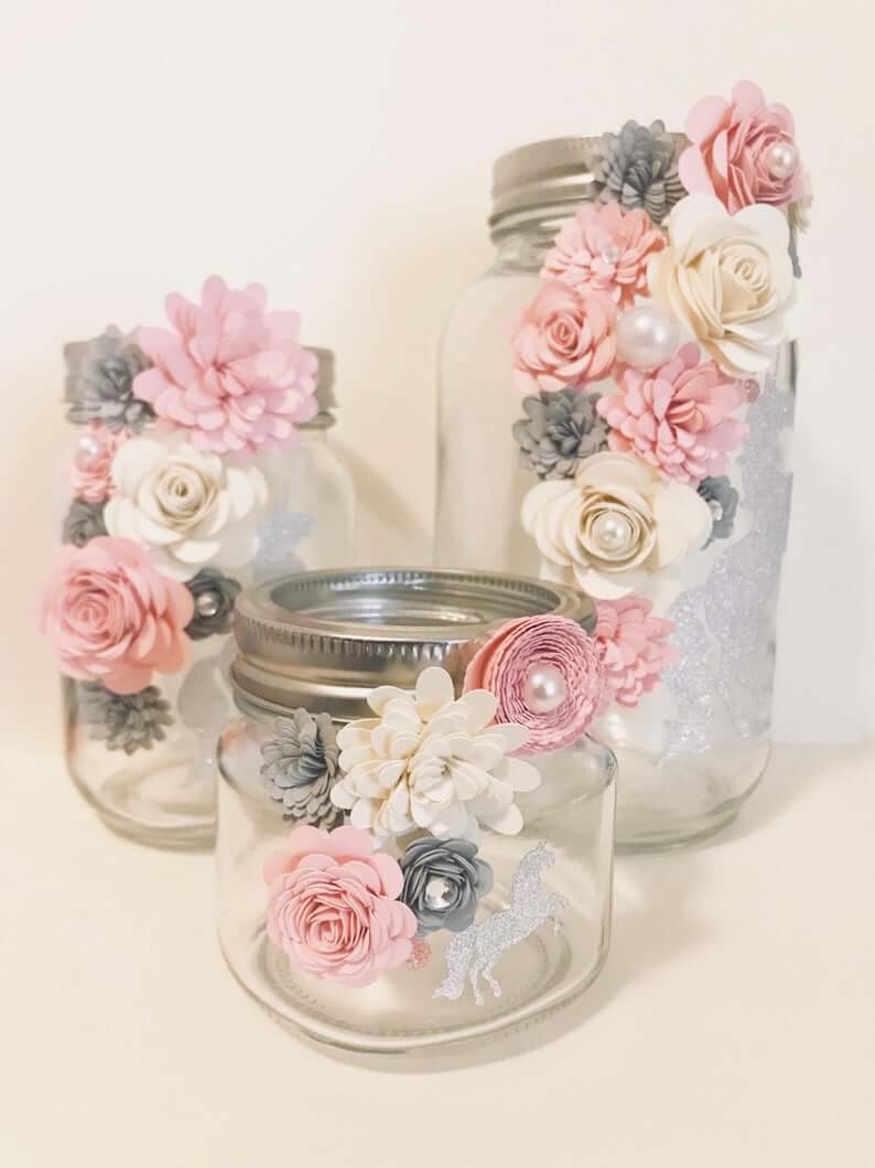 Sparkle Unicorn Jar with Trailing Paper Flowers