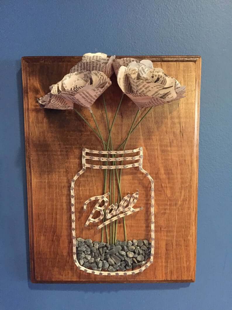 Ball Jar String Art with Newspaper Flowers