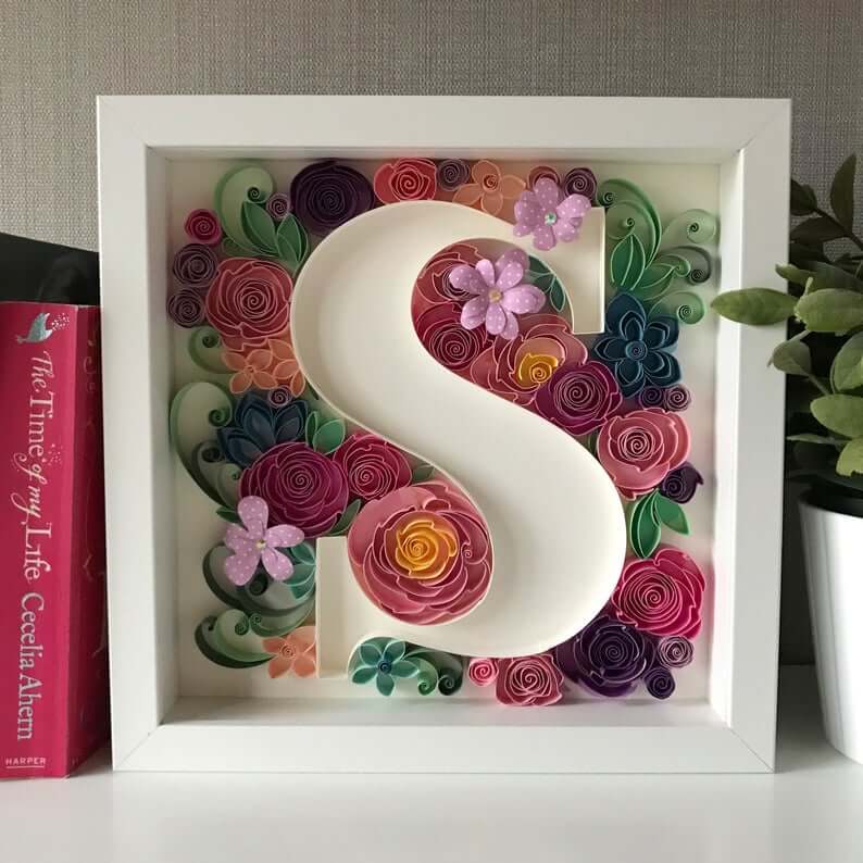 Shadow Box White Letter Surrounded with Metal Flower Twirls