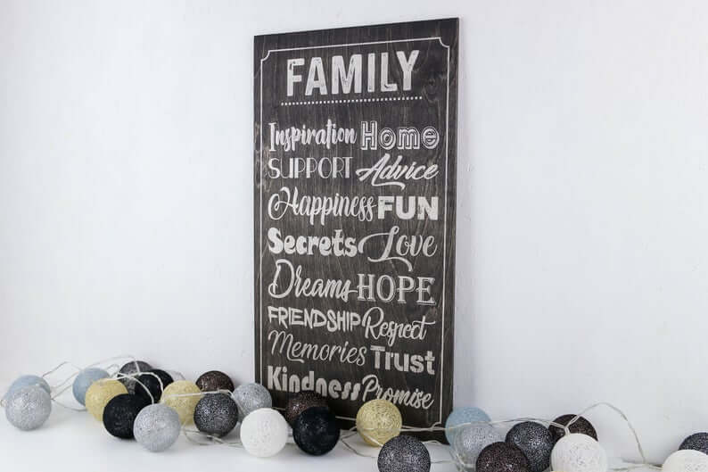 Black Chalkboard Style Family Adjectives Wooden Wall Sign