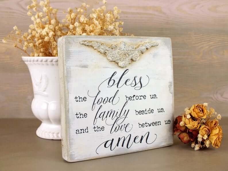 Family Meal Time Prayer Boho Chic White Sign