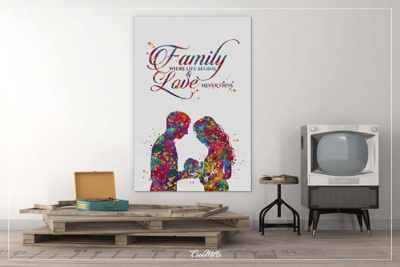 White and Rainbow Colored New Family Large Wall Art