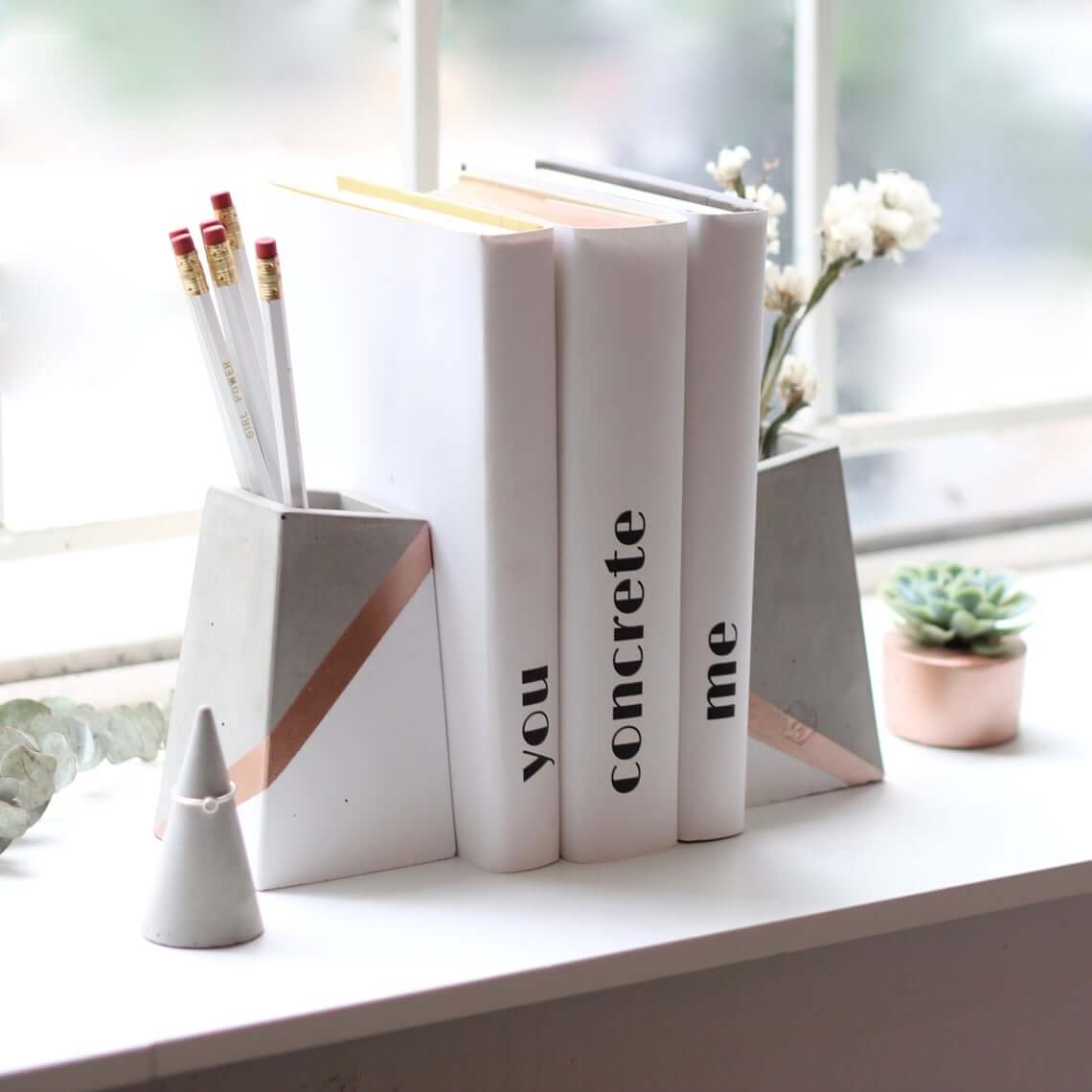 Set of Concrete Bookends with Vases