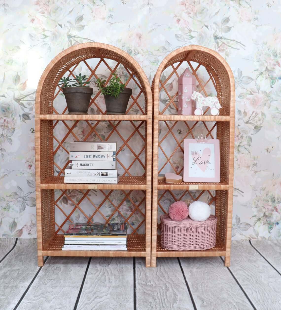 Set of Two Boho Vintage Style Wicker Shelves