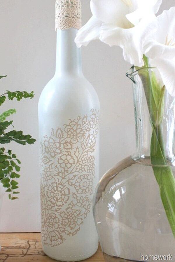 Lace Stenciled Bottle Easy Upcycle