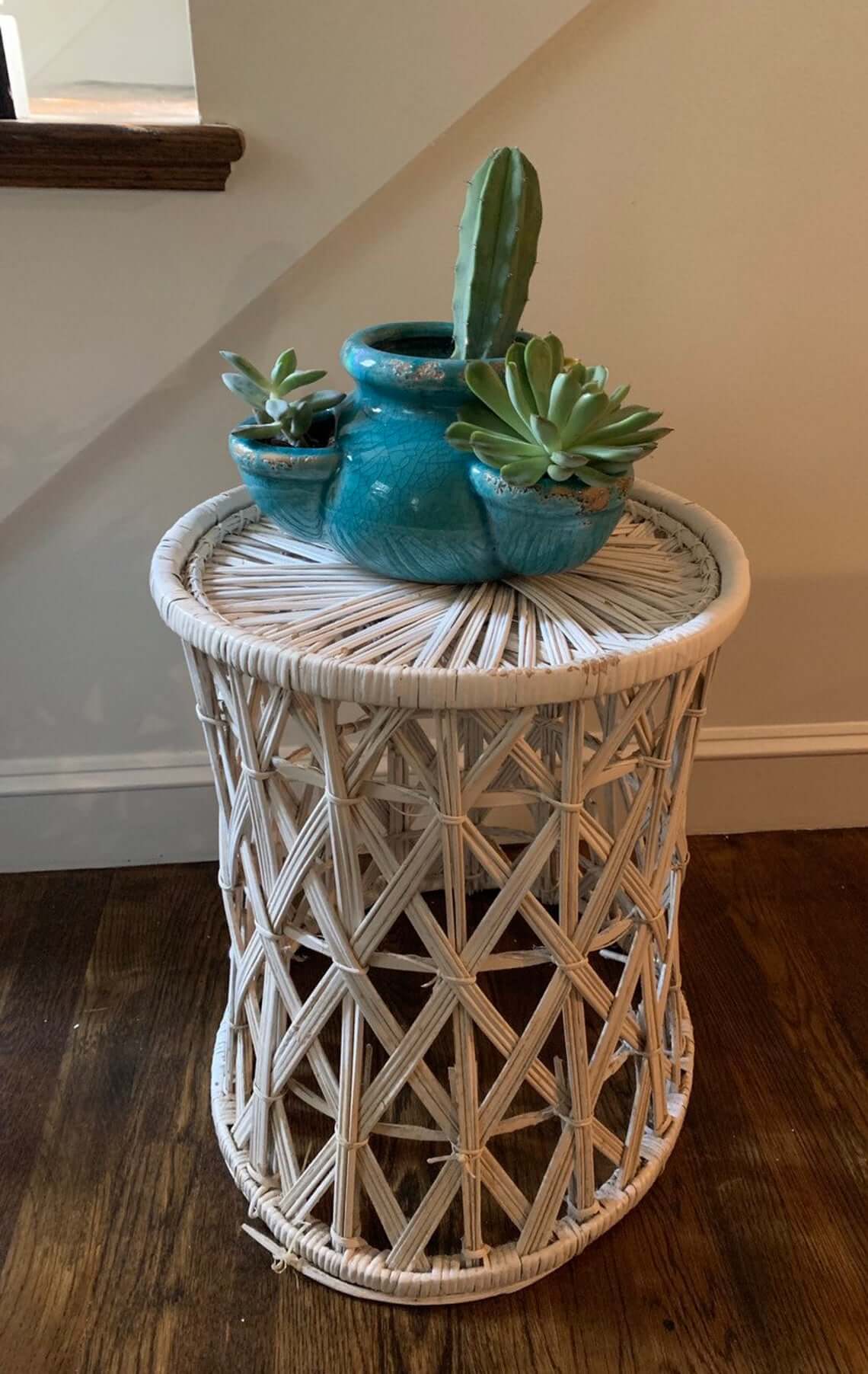 Vintage Bohemian-Style White Wicker Plant Stand