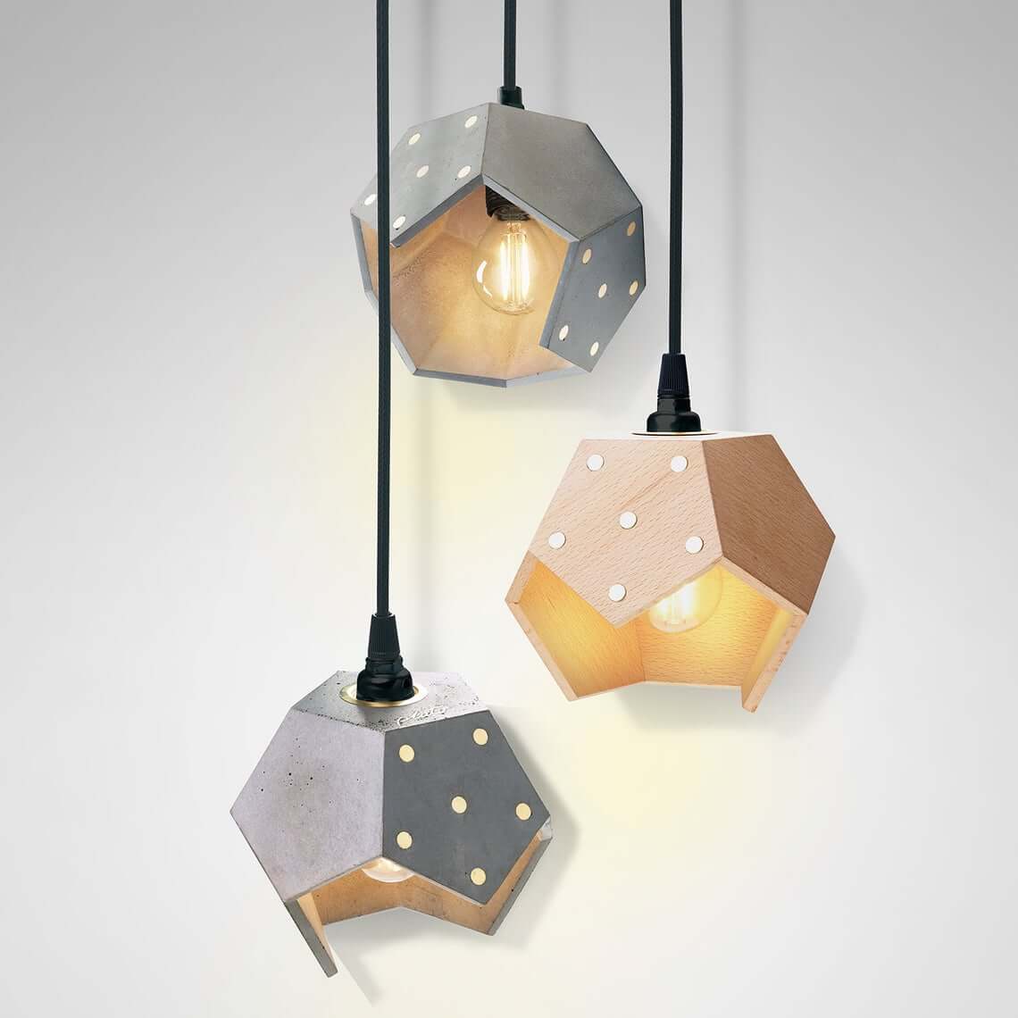 Concrete and Wood Geometric Pendant Light Trio