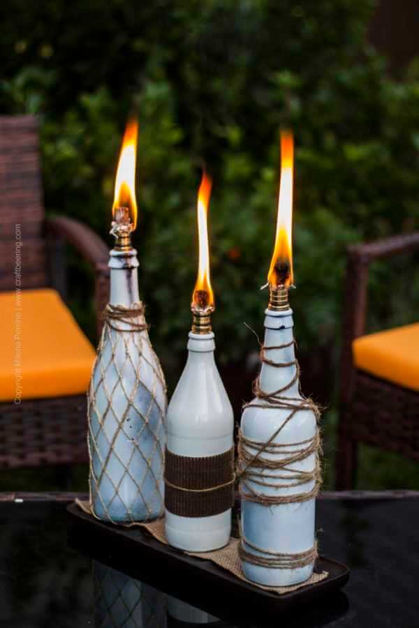 Tiki Torch Trio of Repurposed Wine Bottles