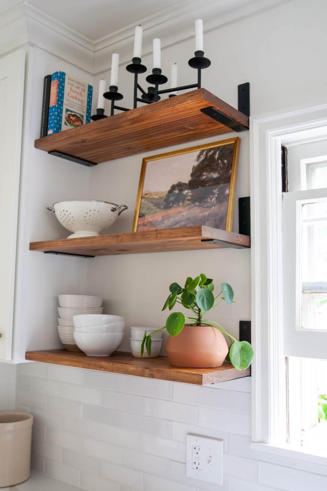 Simple and Traditional Wood Floating Kitchen Shelves