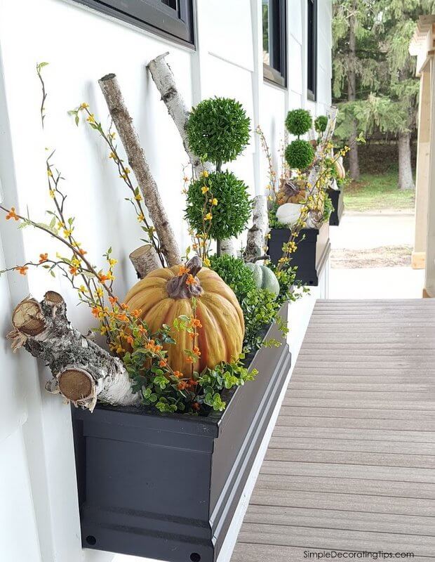 Fall Pumpkins and Branches Window Box Display