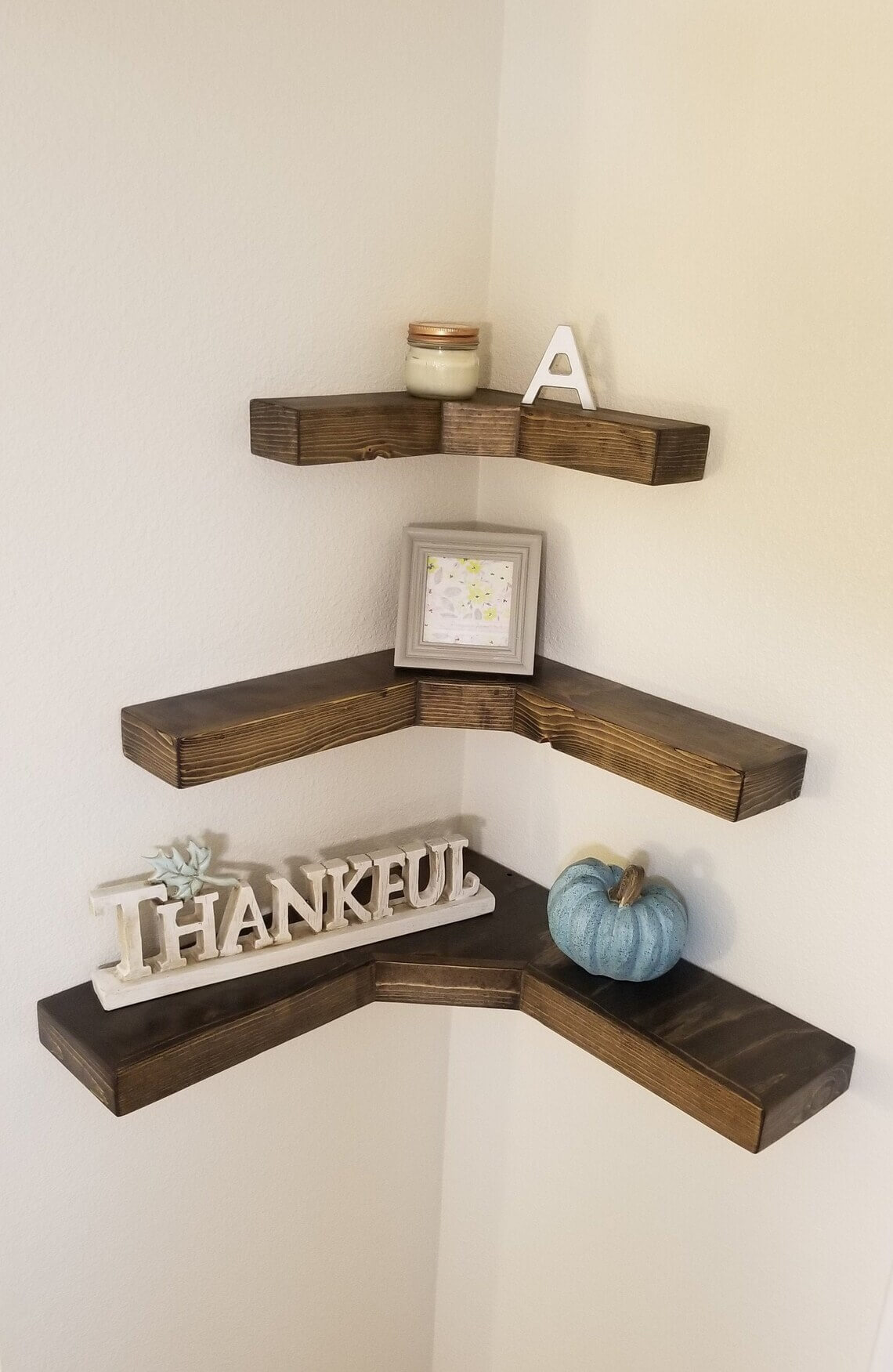 Corner Stained Wooden Floating Shelf System