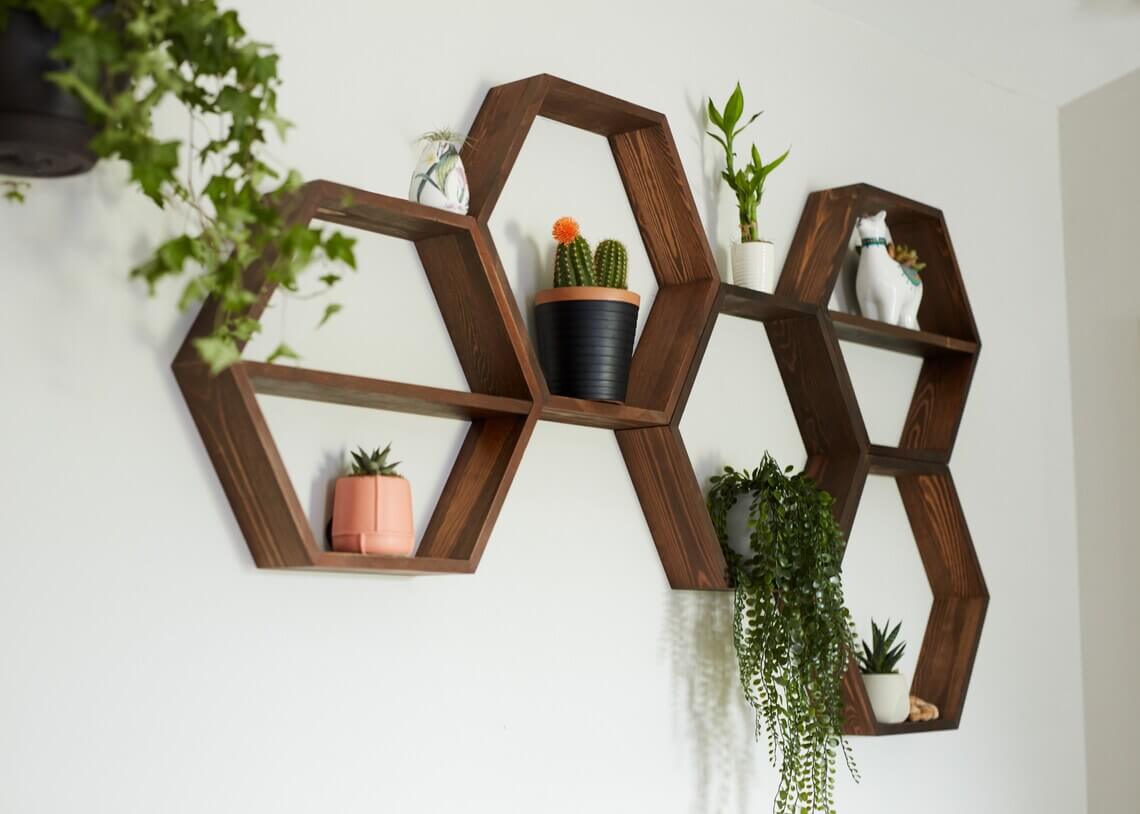 Geometrical Wooden Floating Hexagon Shelf System