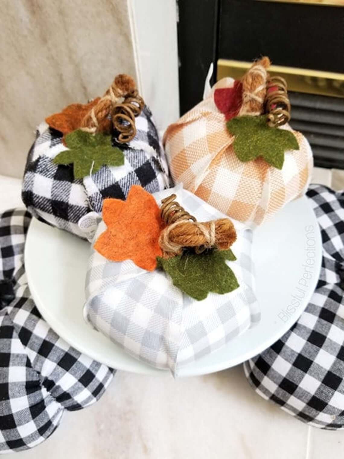 Pretty Plaid Fabric Pumpkins with Felt Leaves