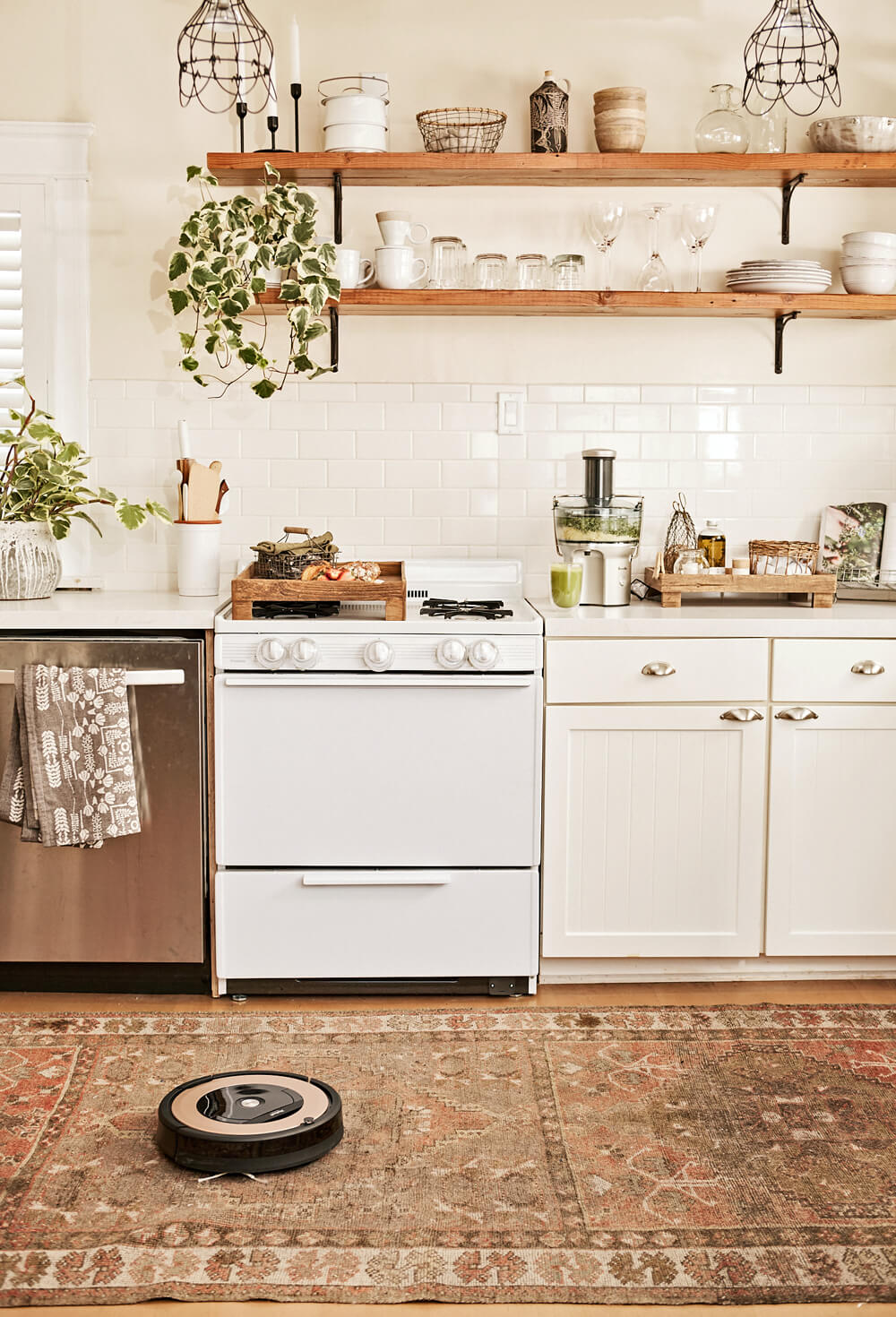 Tuscan Inspired White Tile Kitchen with Rug