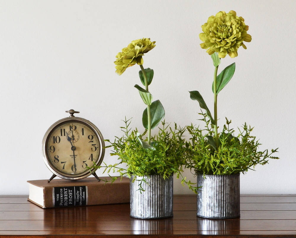 Galvanized Pots Holding Glorious Zinnias