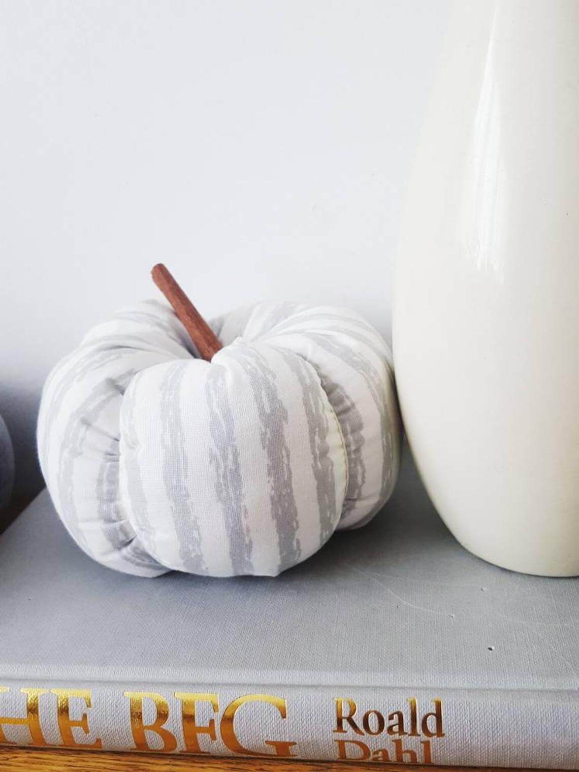 Distressed Gray with White Stripes Fabric Pumpkin