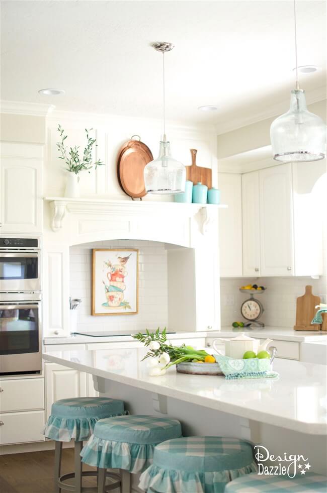 Fireplace Mantel Stove and Blue Gingham Detail