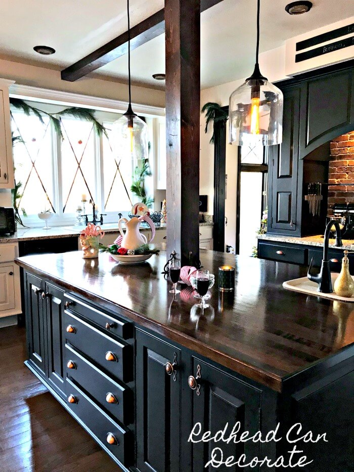 Ebony and Wood Kitchen with Lattice Windows