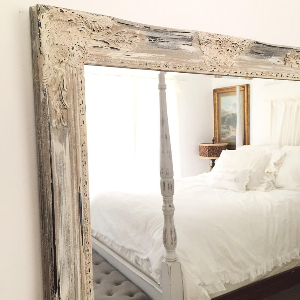 French Farmhouse Mirror with Distressed Wooden Frame