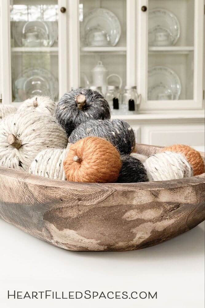 Yarn Pumpkin Filled Wooden Bowl