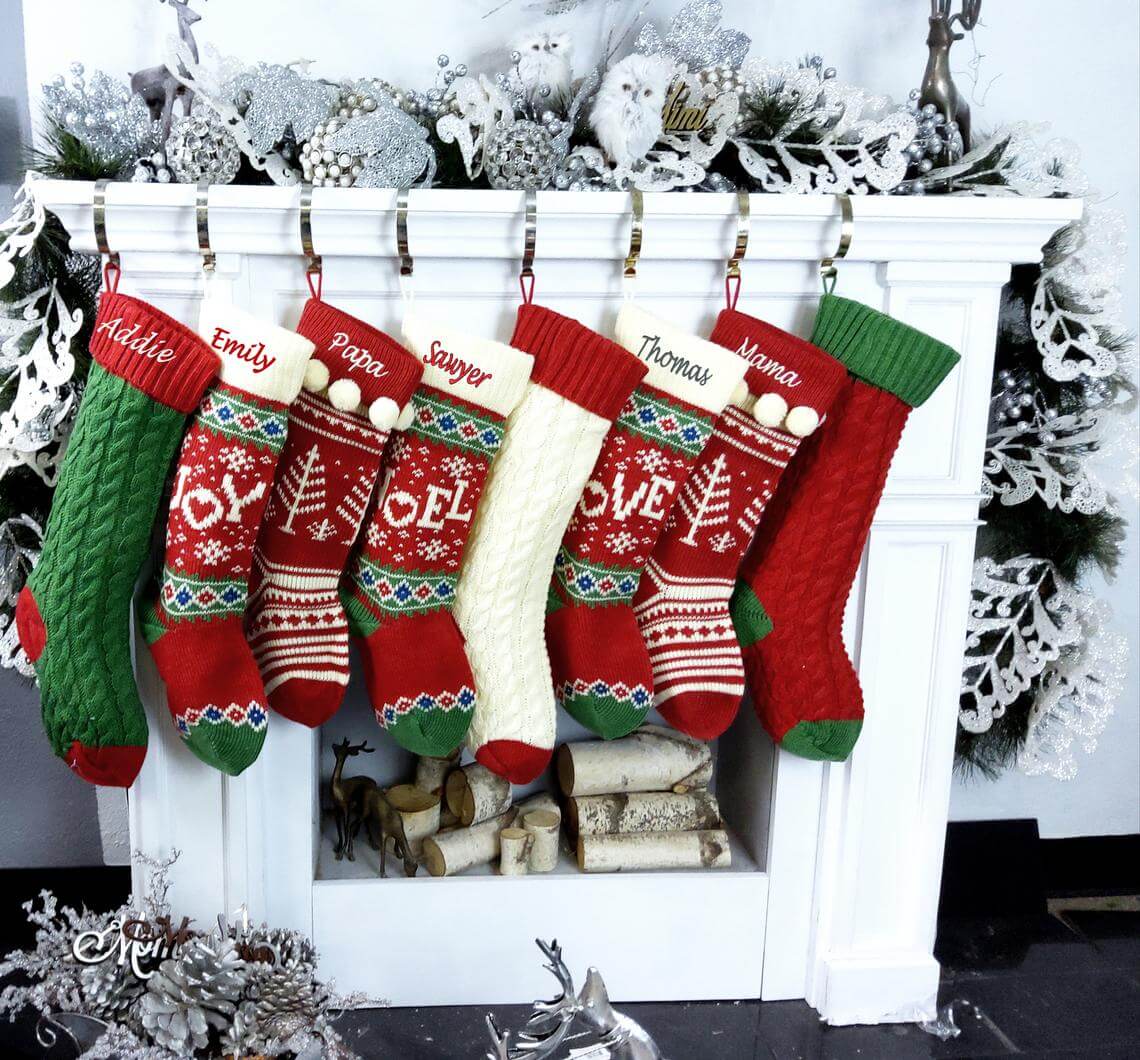 Traditional Red, Green, and Ivory Hand-Knitted Stockings