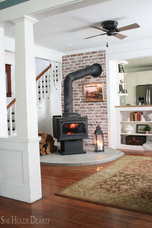 Cozy Corner DIY Fireplace Reveal with Whitewashed Brick