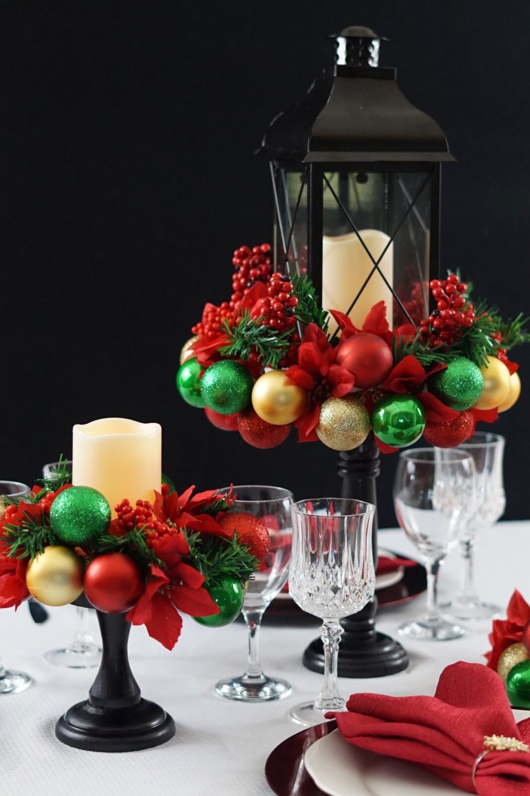 Raised Lantern and Christmas Ornament Centerpiece