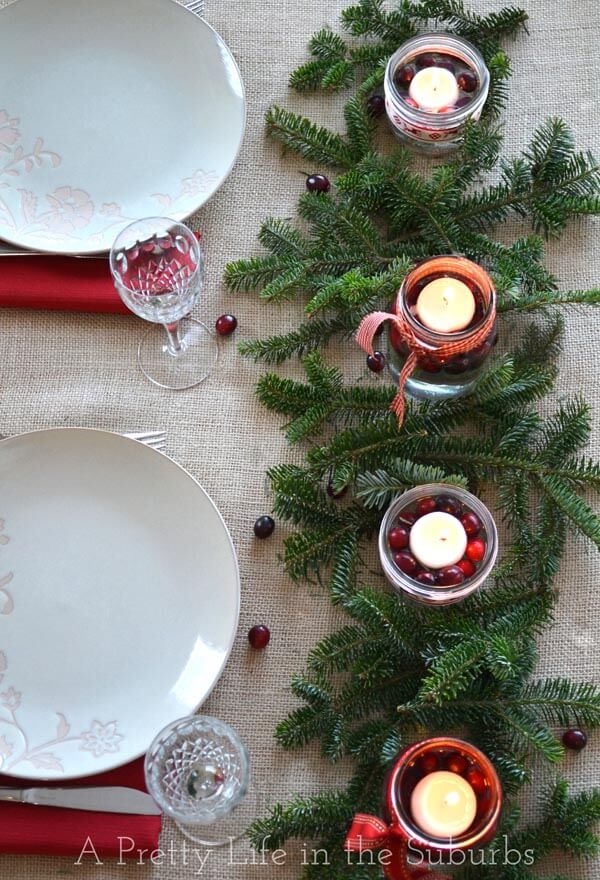 Farmhouse Christmas Mason Jar Centerpiece with Cranberries