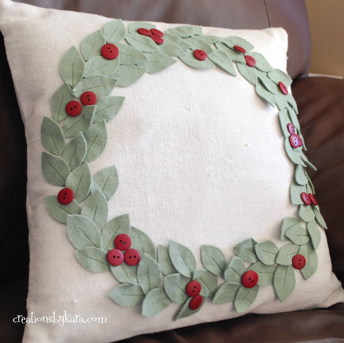 Festive Felt and Buttons Holly Wreath Pillow