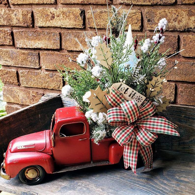 Red Christmas Truck Floral Centerpiece Design