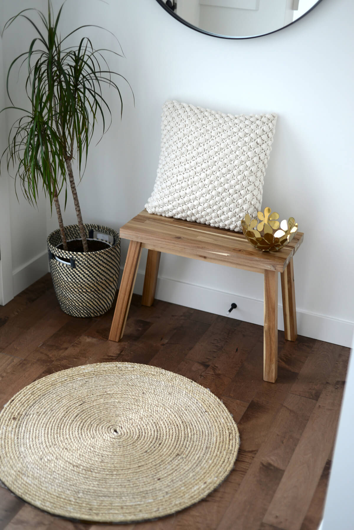 Small Entryway Wood Stool and Jute Rug